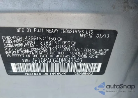 2013 Subaru Impreza 2.0I Premium from USA, damaged, VIN JF1GPAC64DH843549